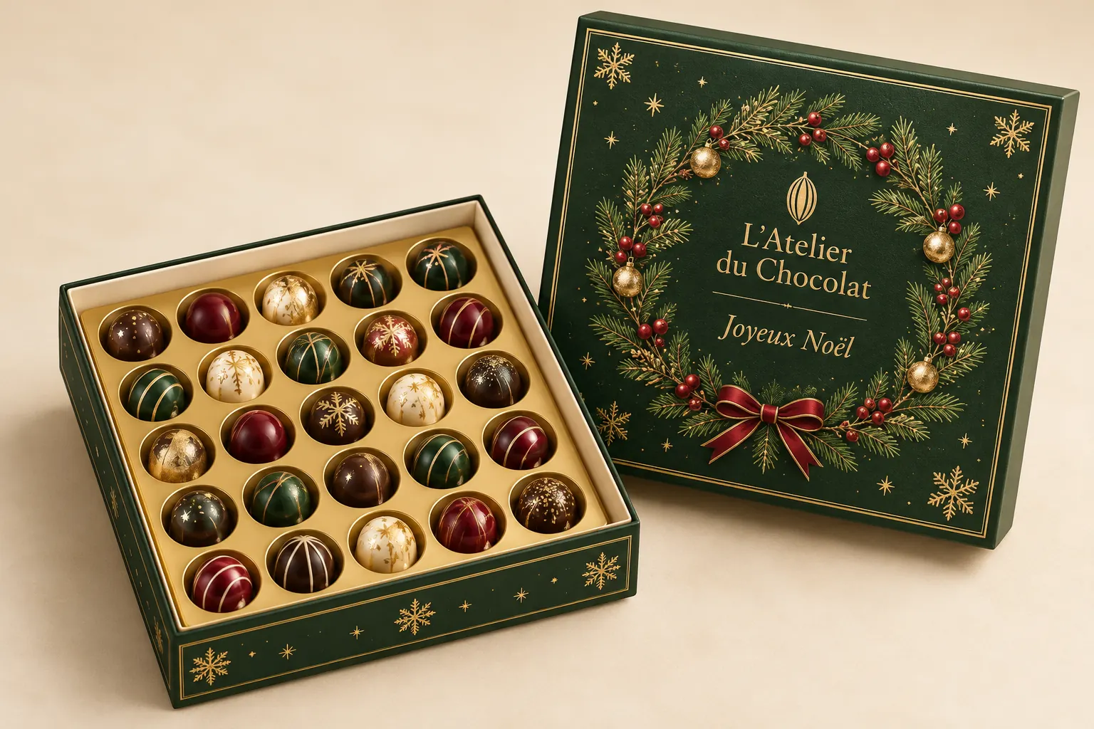 Proposition de nouvel écrin carré de Noël, vert sapin et or