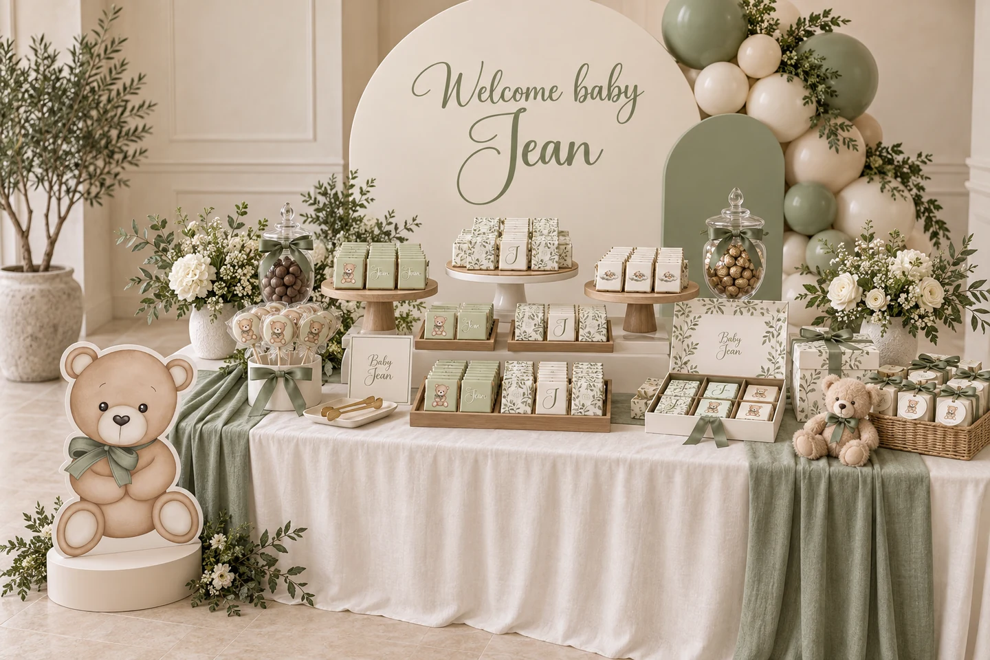 Inspiration Baby Jean : chocolats et emballages assortis, ourson, vert sauge et ivoire